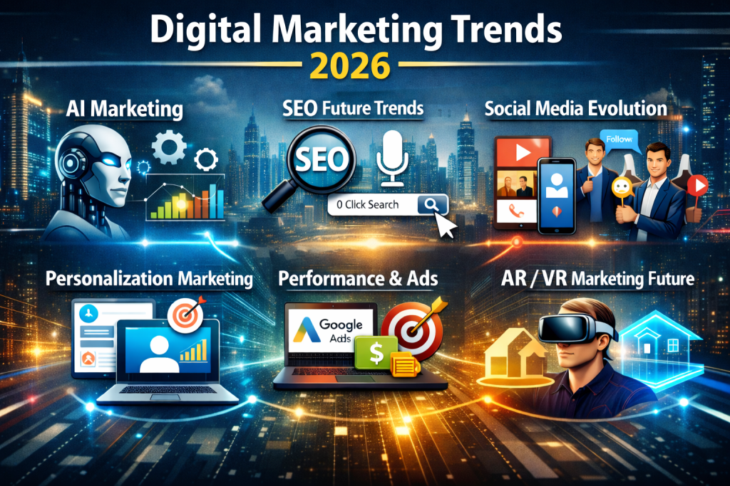 Digital Marketing Trends 2026 infographic showing AI marketing, SEO, social media and performance marketing strategies