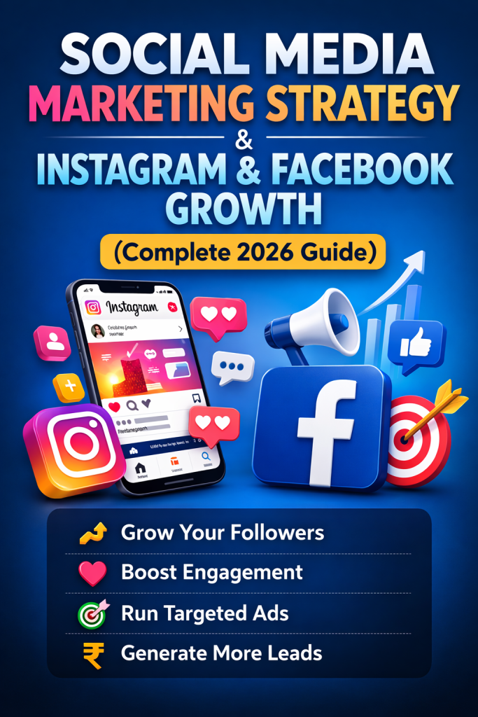 Social Media Marketing Strategy for Instagram and Facebook Growth with engagement and ads concept.